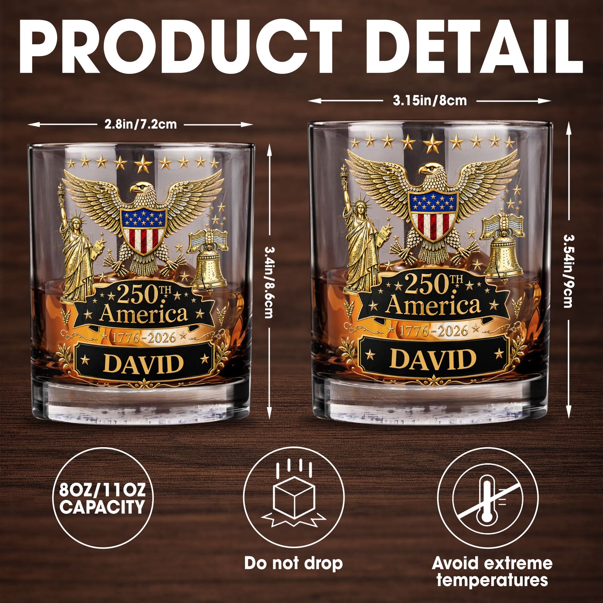 250th America Patriotic Eagle With Statue Of Liberty And Bell - Personalized Custom Whiskey Glass - INDE399_RWG