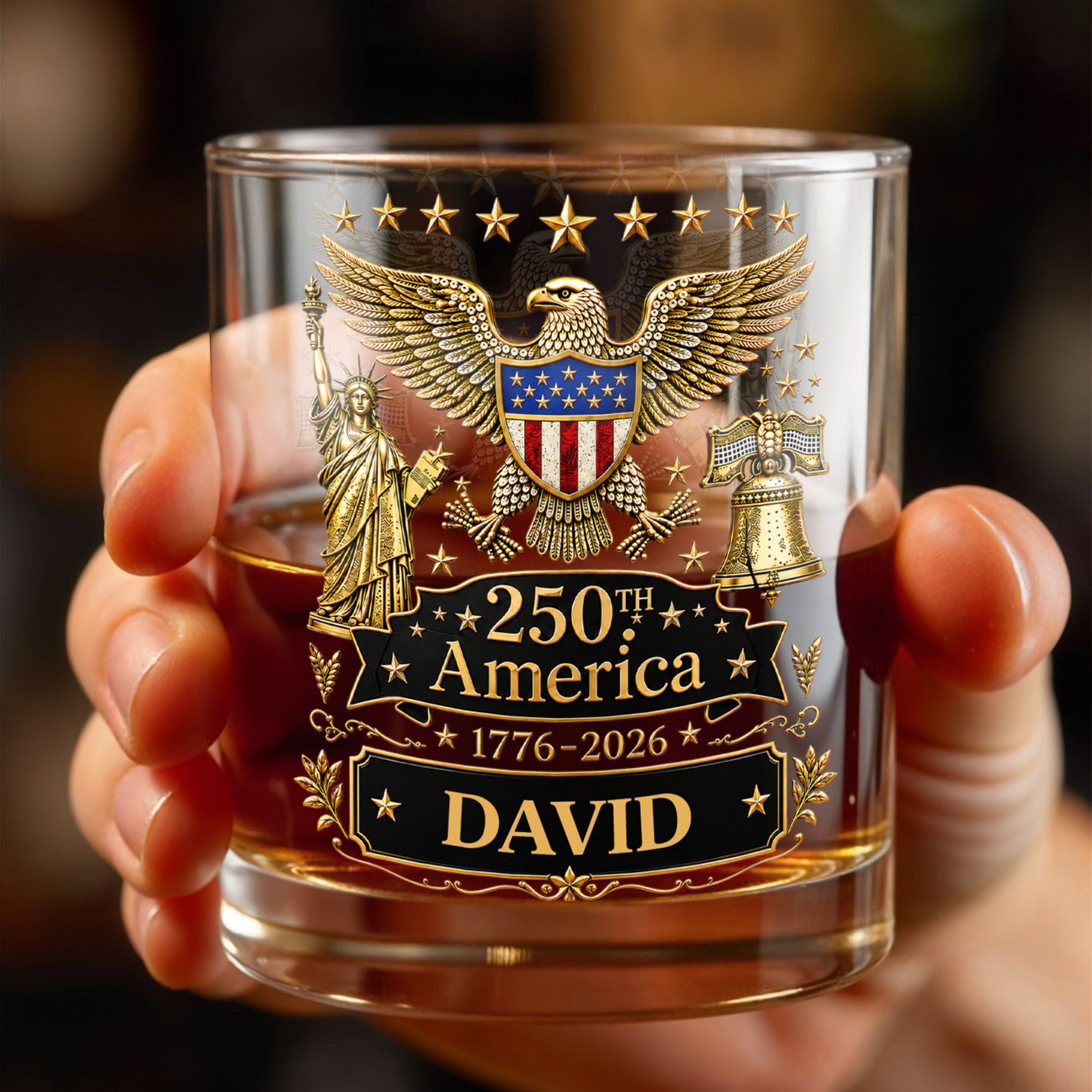 250th America Patriotic Eagle With Statue Of Liberty And Bell - Personalized Custom Whiskey Glass - INDE399_RWG