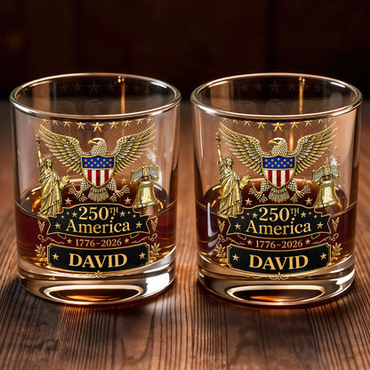 250th America Patriotic Eagle With Statue Of Liberty And Bell - Personalized Custom Whiskey Glass - INDE399_RWG