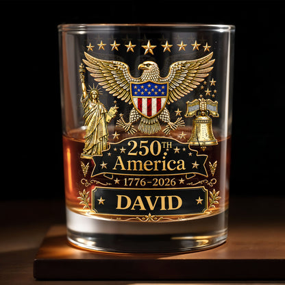 250th America Patriotic Eagle With Statue Of Liberty And Bell - Personalized Custom Whiskey Glass - INDE399_RWG