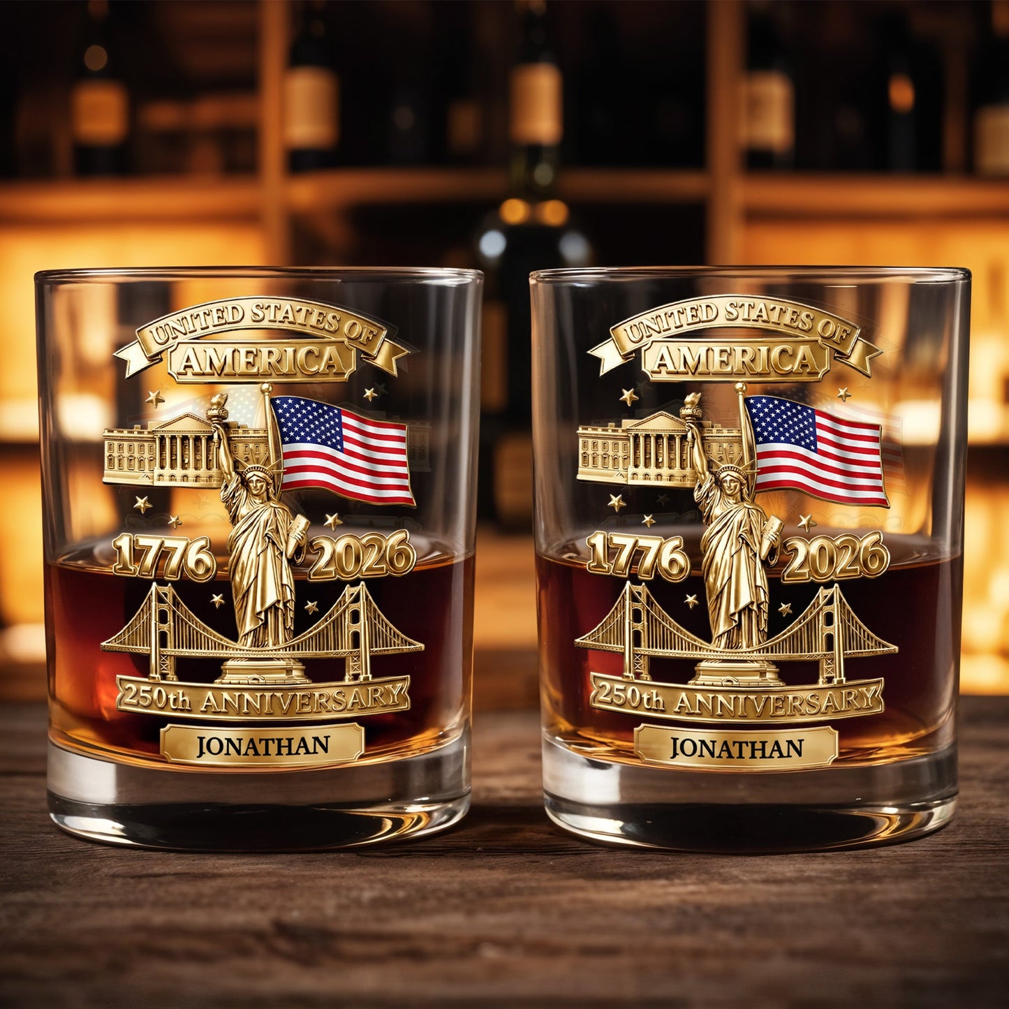 United States Of America 250th Anniversary With Statue Of Liberty And American Flag - Personalized Custom Whiskey Glass - INDE414_RWG