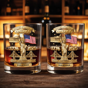 United States Of America 250th Anniversary With Statue Of Liberty And American Flag - Personalized Custom Whiskey Glass - INDE414_RWG