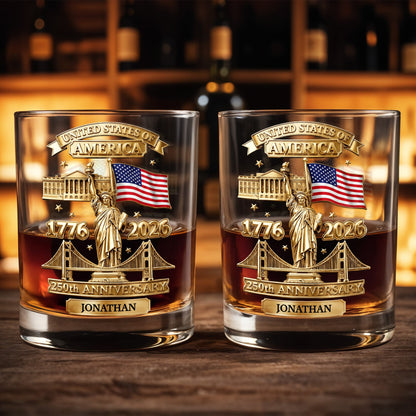 United States Of America 250th Anniversary With Statue Of Liberty And American Flag - Personalized Custom Whiskey Glass - INDE414_RWG