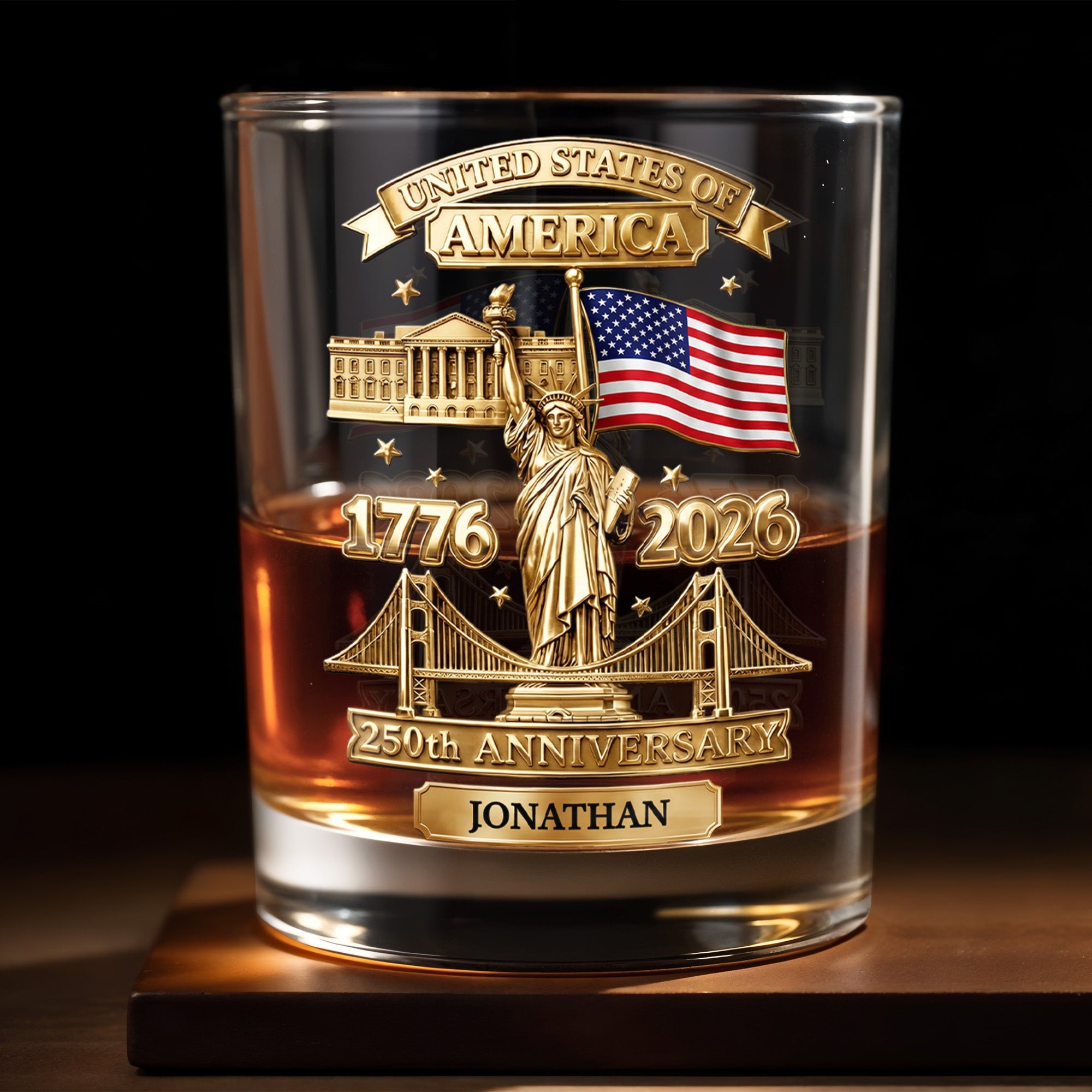 United States Of America 250th Anniversary With Statue Of Liberty And American Flag - Personalized Custom Whiskey Glass - INDE414_RWG