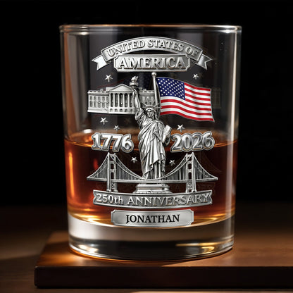 United States Of America 250th Anniversary With Statue Of Liberty And American Flag - Personalized Custom Whiskey Glass - INDE414_RWG