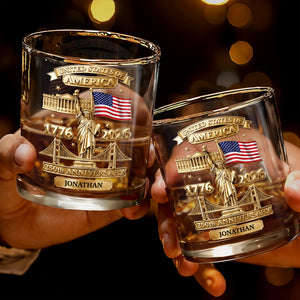 United States Of America 250th Anniversary With Statue Of Liberty And American Flag - Personalized Custom Whiskey Glass - INDE414_RWG