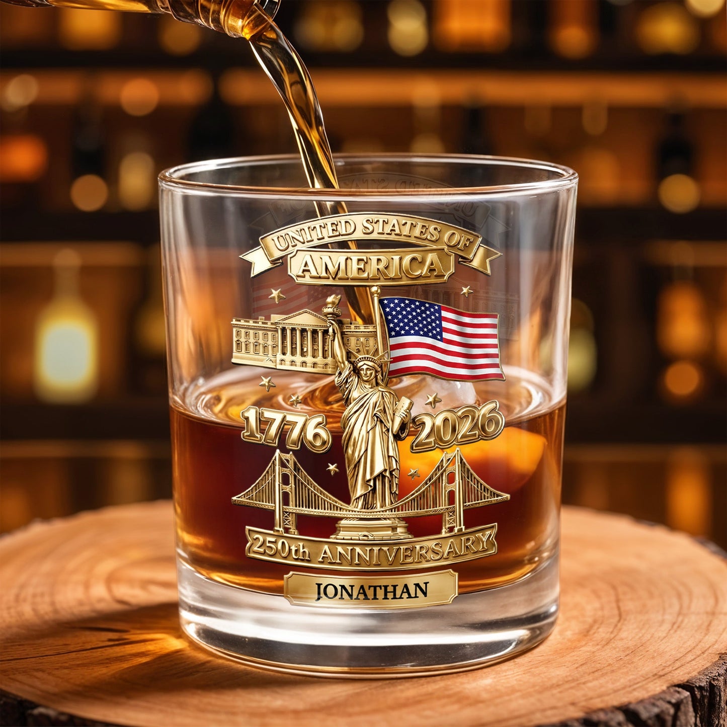 United States Of America 250th Anniversary With Statue Of Liberty And American Flag - Personalized Custom Whiskey Glass - INDE414_RWG