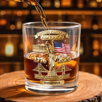 United States Of America 250th Anniversary With Statue Of Liberty And American Flag - Personalized Custom Whiskey Glass - INDE414_RWG