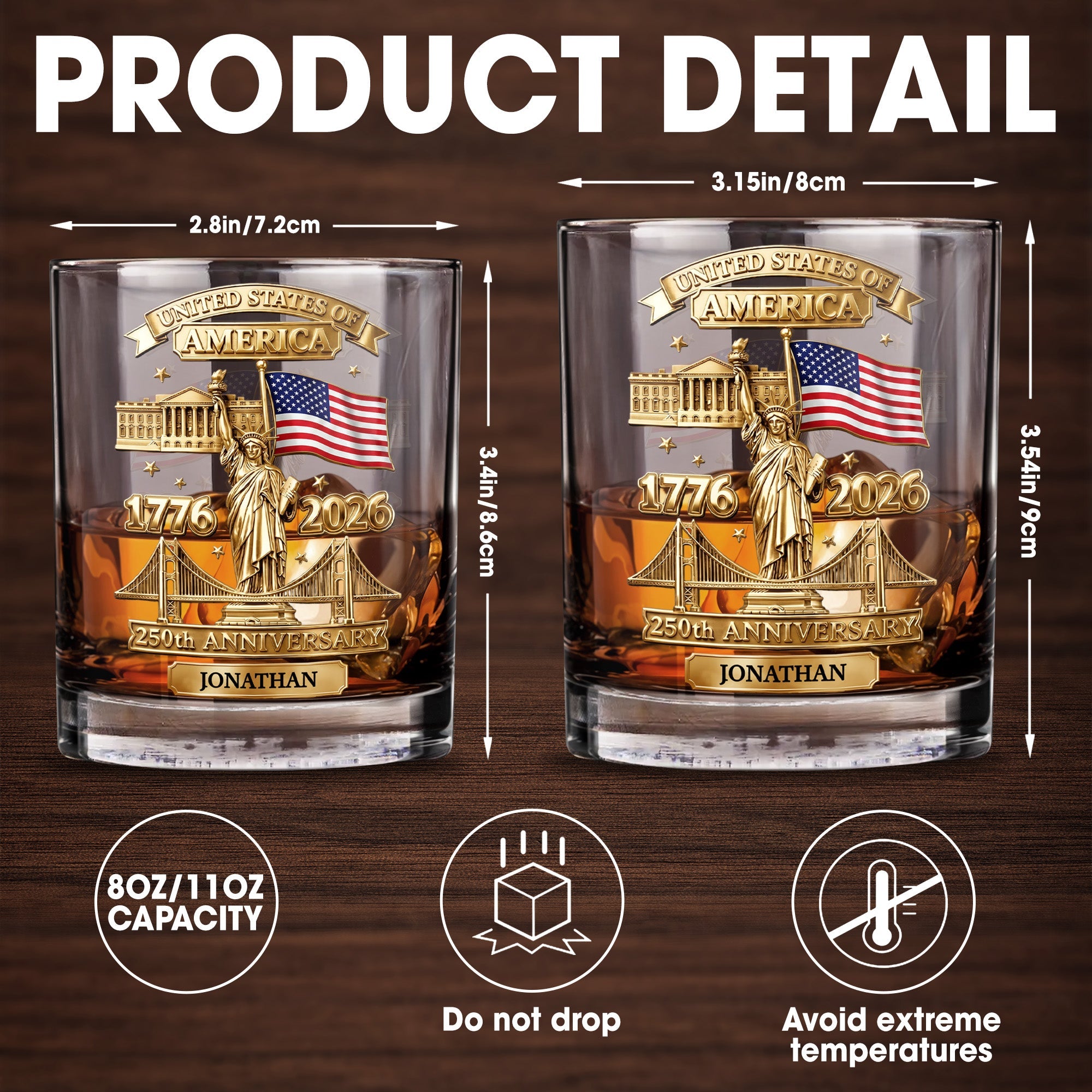 United States Of America 250th Anniversary With Statue Of Liberty And American Flag - Personalized Custom Whiskey Glass - INDE414_RWG