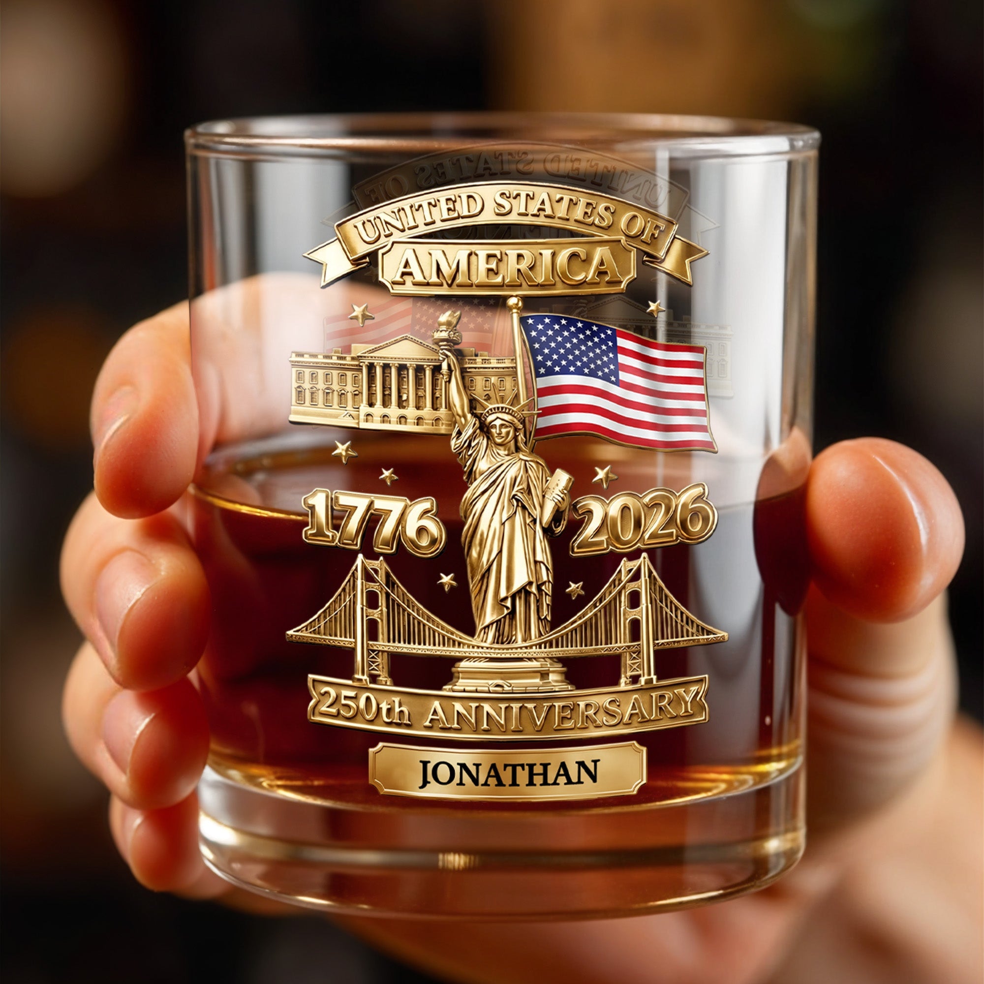 United States Of America 250th Anniversary With Statue Of Liberty And American Flag - Personalized Custom Whiskey Glass - INDE414_RWG