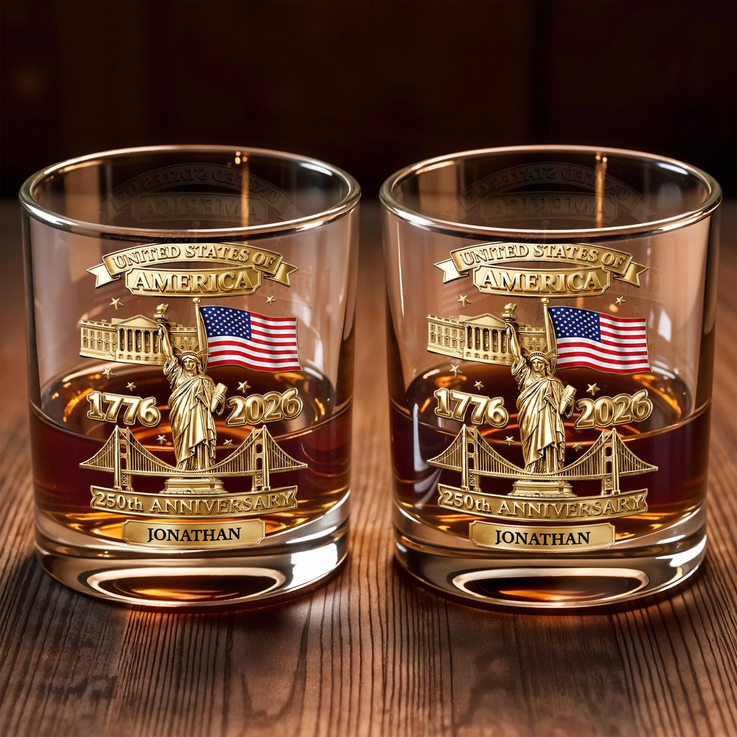 United States Of America 250th Anniversary With Statue Of Liberty And American Flag - Personalized Custom Whiskey Glass - INDE414_RWG