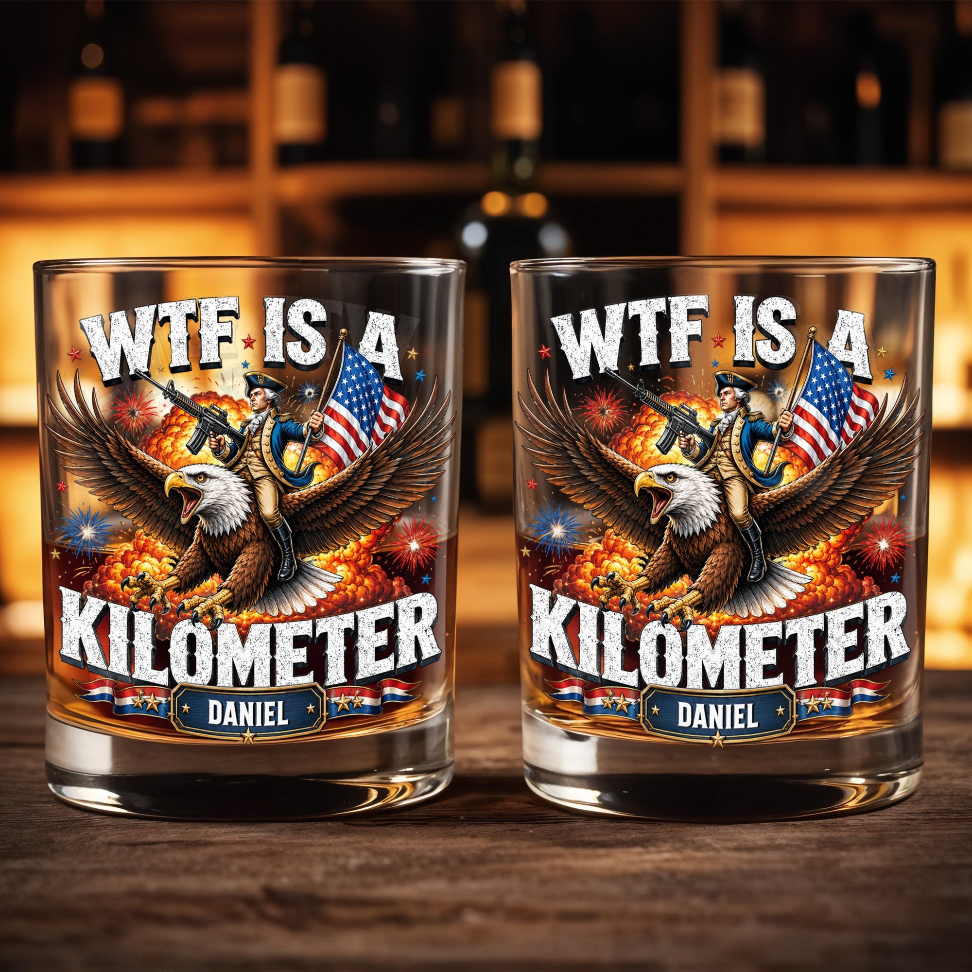 WTF Is A Kilometer Patriotic Eagle Riding Washington - Personalized Custom Whiskey Glass - INDE446_RWG