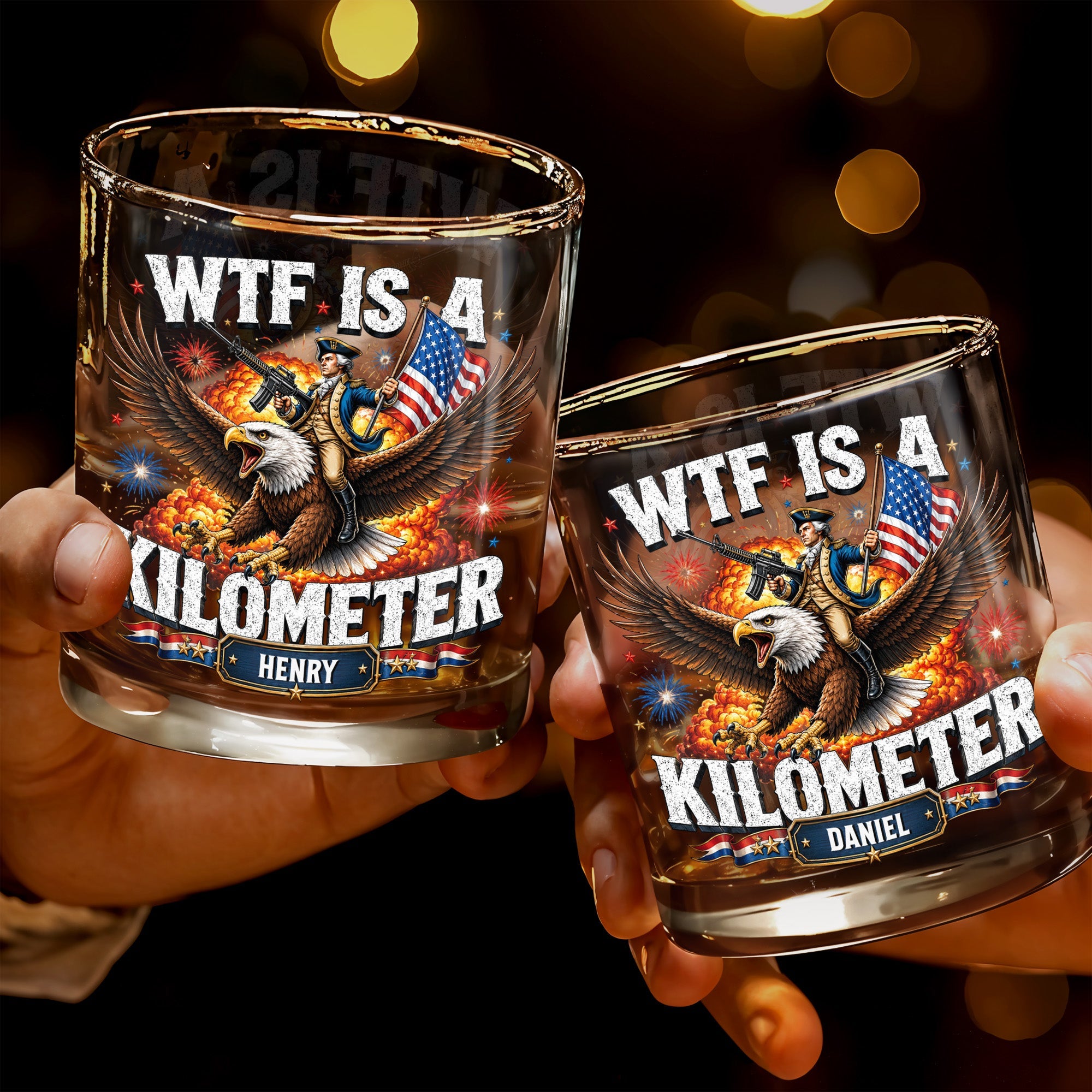 WTF Is A Kilometer Patriotic Eagle Riding Washington - Personalized Custom Whiskey Glass - INDE446_RWG