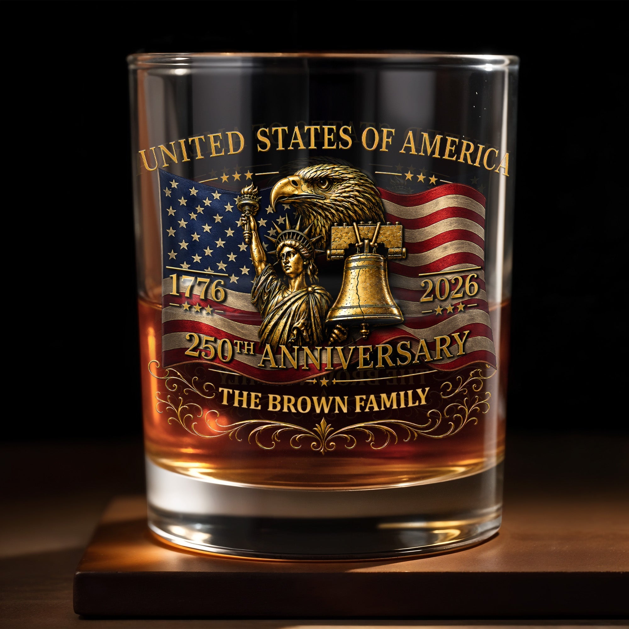 United States Of America 250th Anniversary Eagle And Statue Of Liberty - Personalized Custom Whiskey Glass - INDE455_RWG
