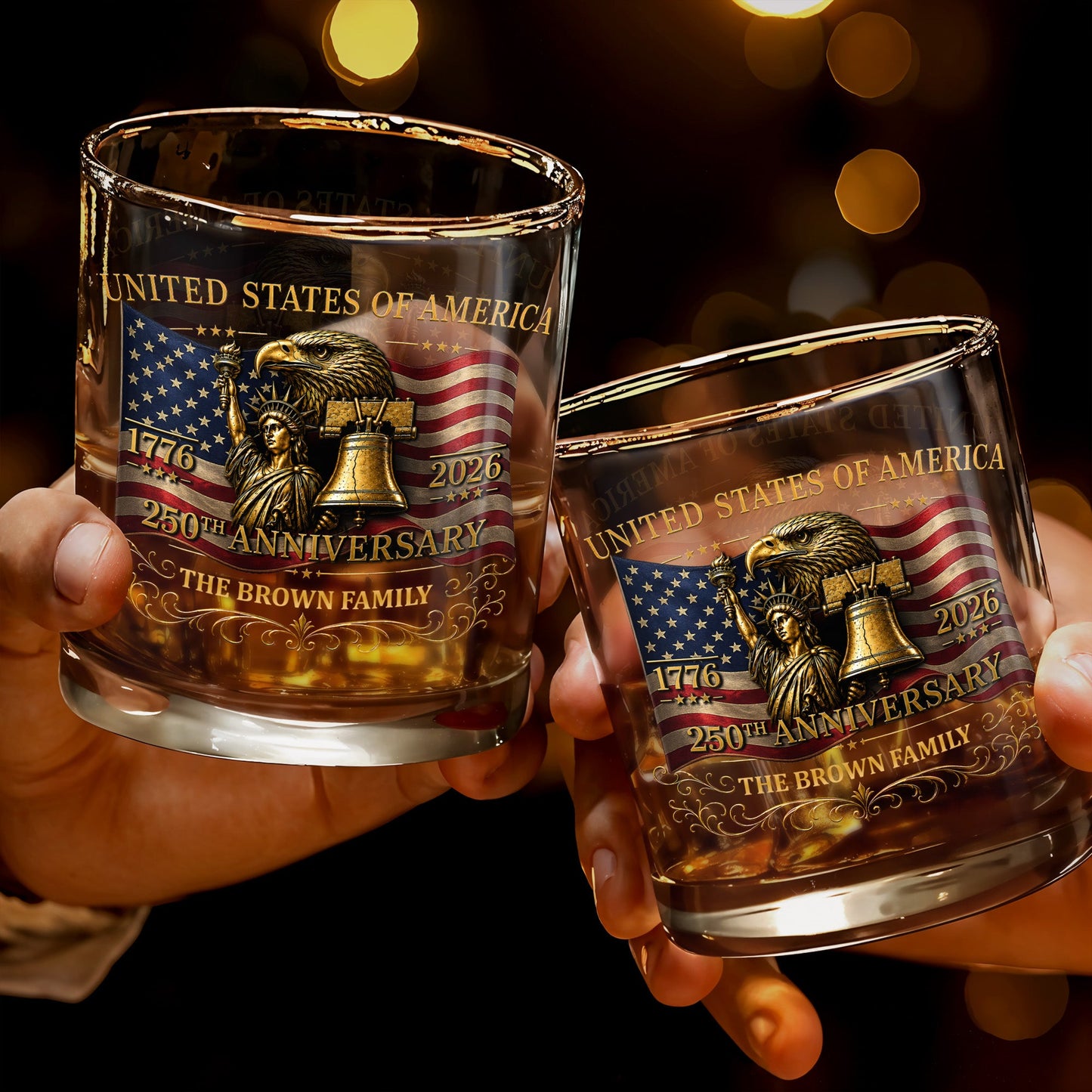 United States Of America 250th Anniversary Eagle And Statue Of Liberty - Personalized Custom Whiskey Glass - INDE455_RWG