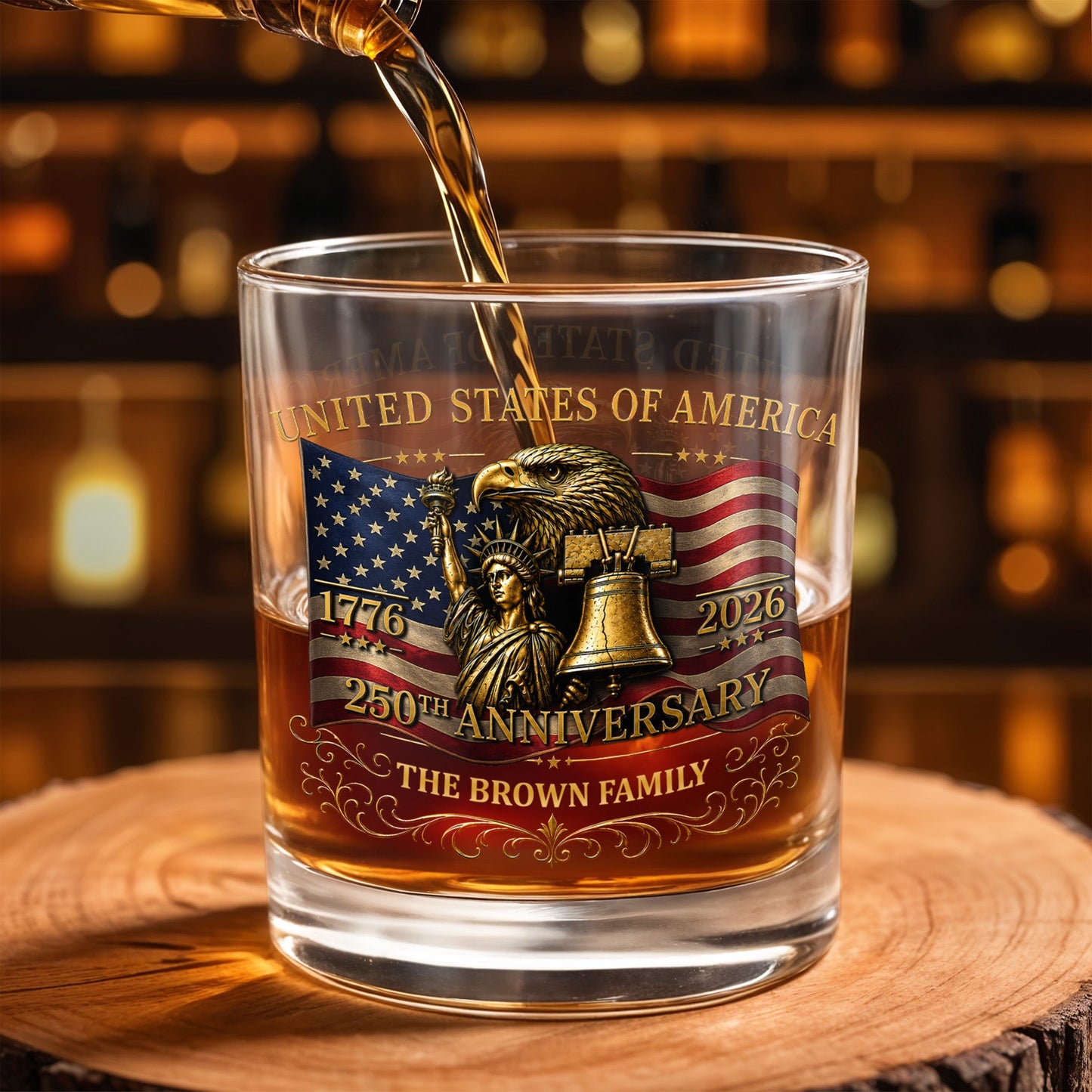 United States Of America 250th Anniversary Eagle And Statue Of Liberty - Personalized Custom Whiskey Glass - INDE455_RWG
