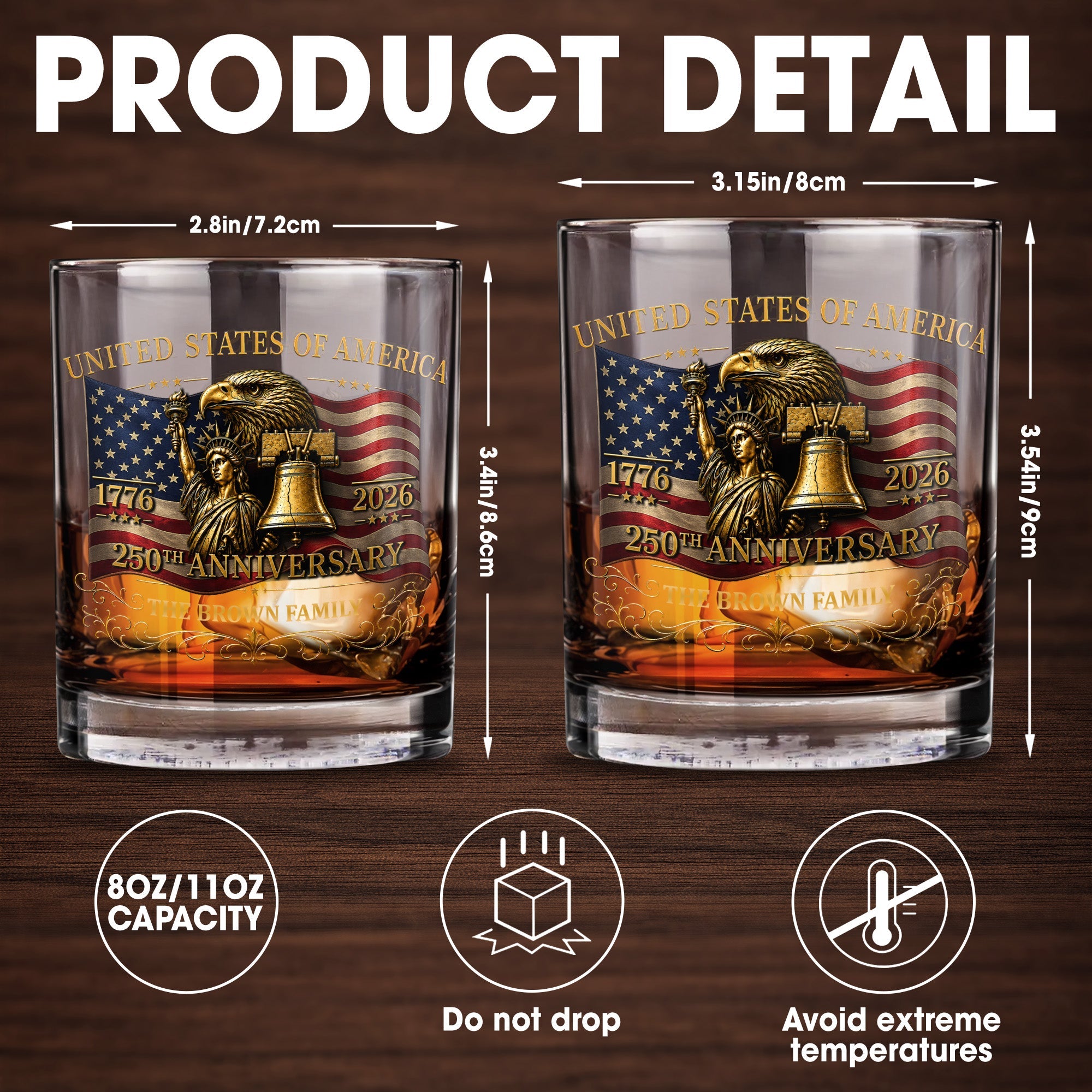 United States Of America 250th Anniversary Eagle And Statue Of Liberty - Personalized Custom Whiskey Glass - INDE455_RWG