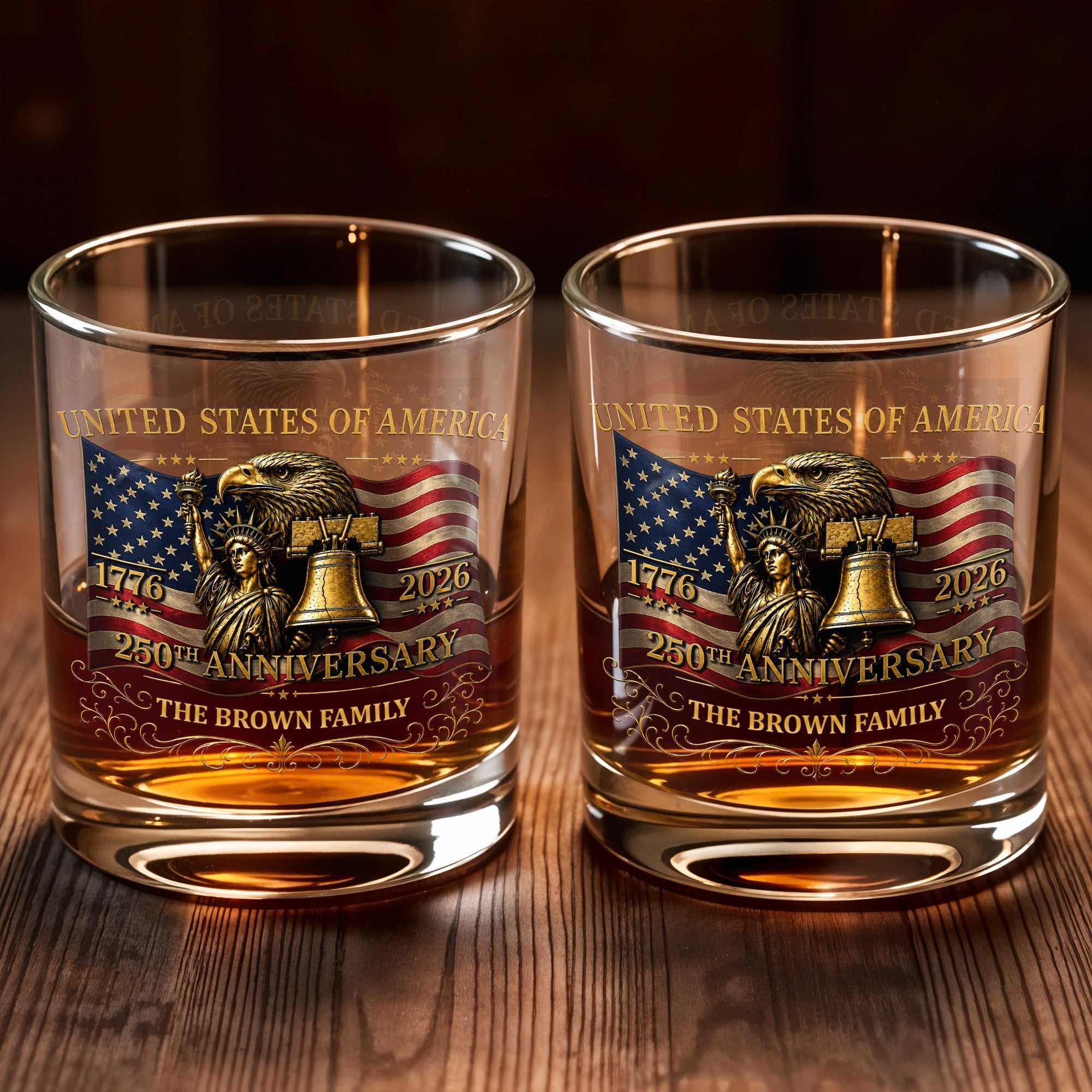 United States Of America 250th Anniversary Eagle And Statue Of Liberty - Personalized Custom Whiskey Glass - INDE455_RWG