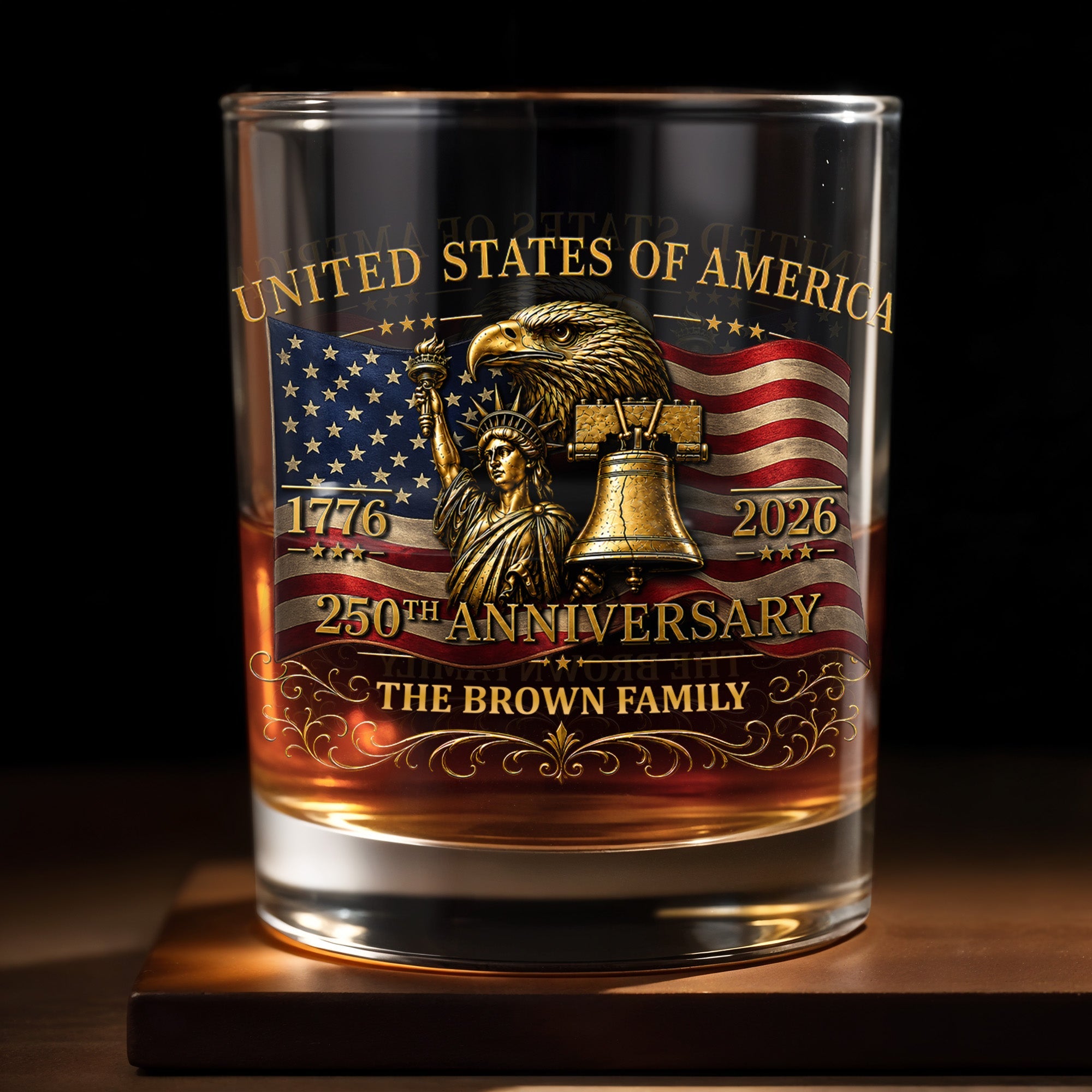 United States Of America 250th Anniversary Eagle And Statue Of Liberty - Personalized Custom Whiskey Glass - INDE455_RWG