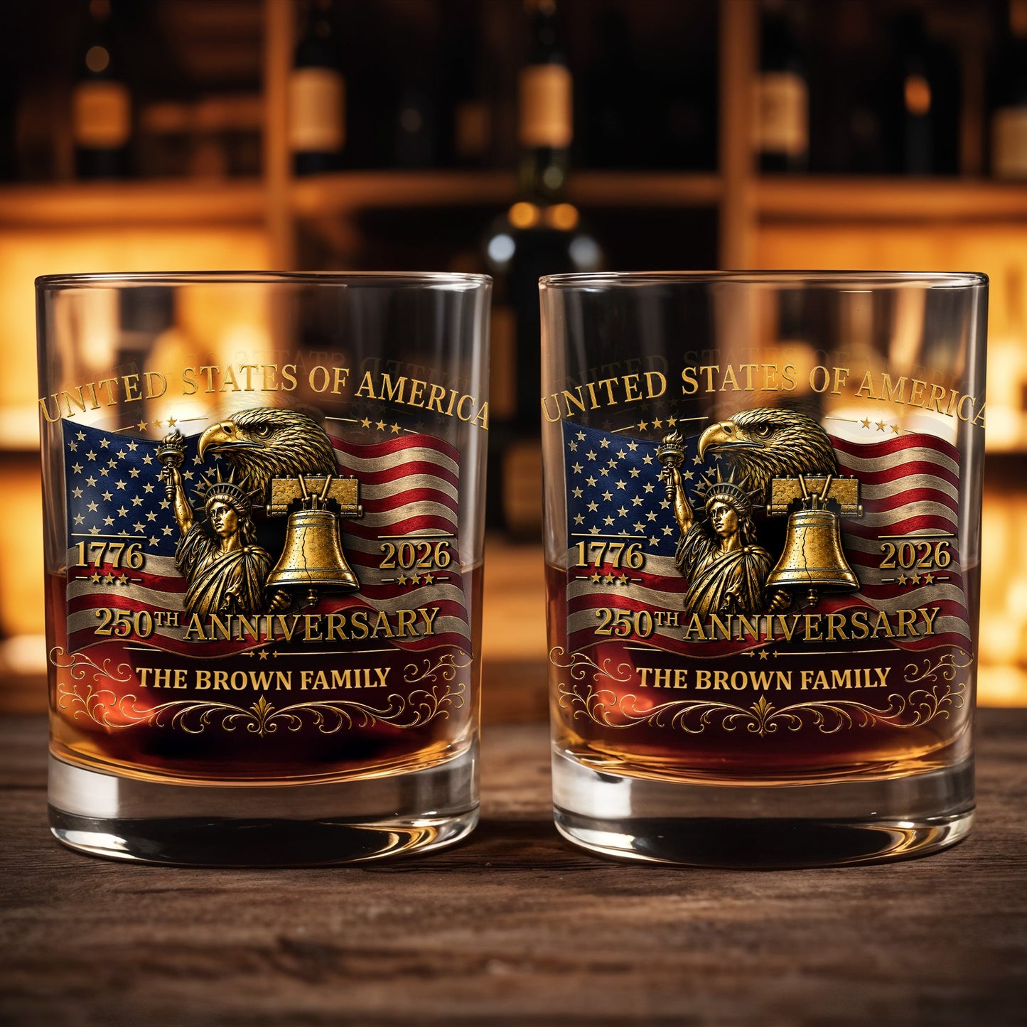 United States Of America 250th Anniversary Eagle And Statue Of Liberty - Personalized Custom Whiskey Glass - INDE455_RWG