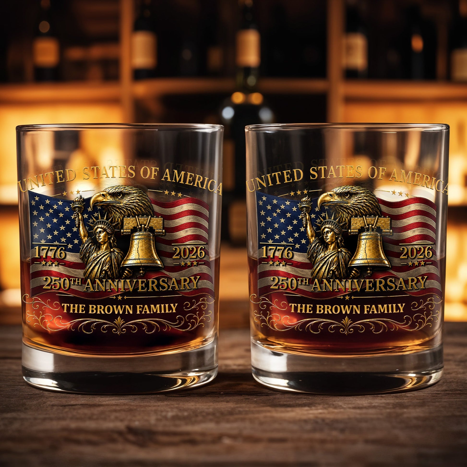 United States Of America 250th Anniversary Eagle And Statue Of Liberty - Personalized Custom Whiskey Glass - INDE455_RWG