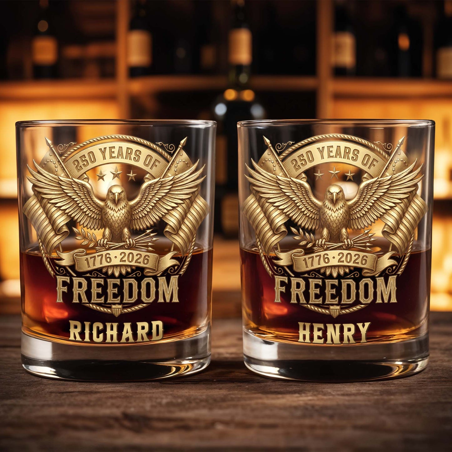 Years Of Freedom With American Eagle And Flags - Personalized Custom Whiskey Glass - INDE456_RWG