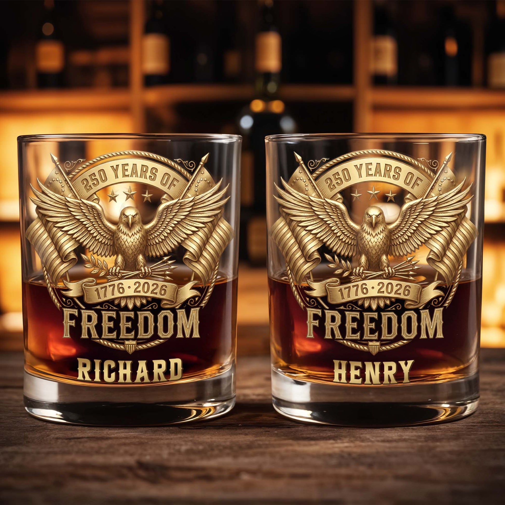 Years Of Freedom With American Eagle And Flags - Personalized Custom Whiskey Glass - INDE456_RWG