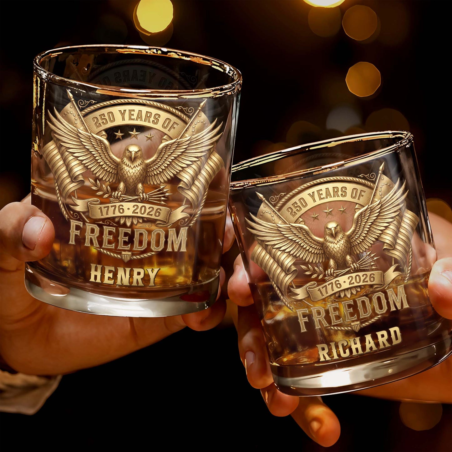 Years Of Freedom With American Eagle And Flags - Personalized Custom Whiskey Glass - INDE456_RWG