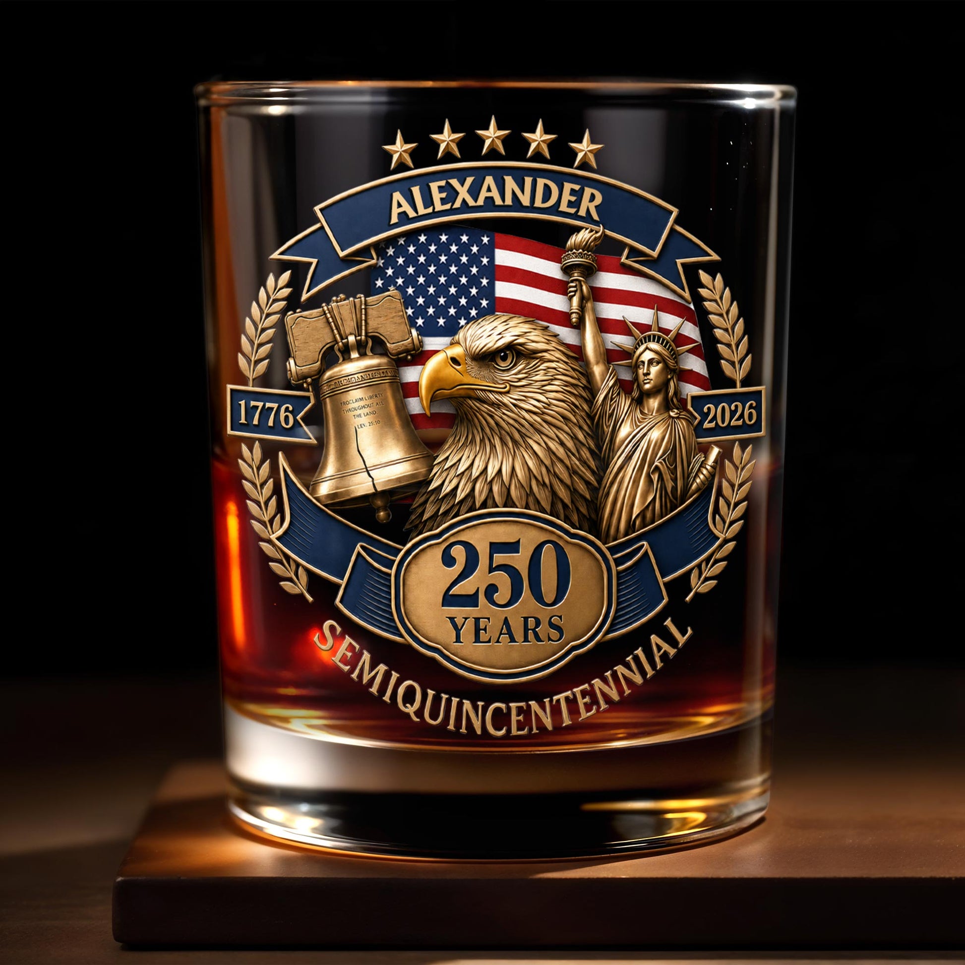 Semiquincentennial Celebrating American Independence With Bald Eagle And Statue Of Liberty - Personalized Custom Whiskey Glass - INDE460_RWG