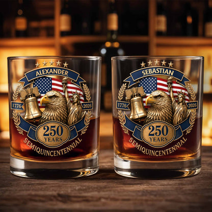 Semiquincentennial Celebrating American Independence With Bald Eagle And Statue Of Liberty - Personalized Custom Whiskey Glass - INDE460_RWG