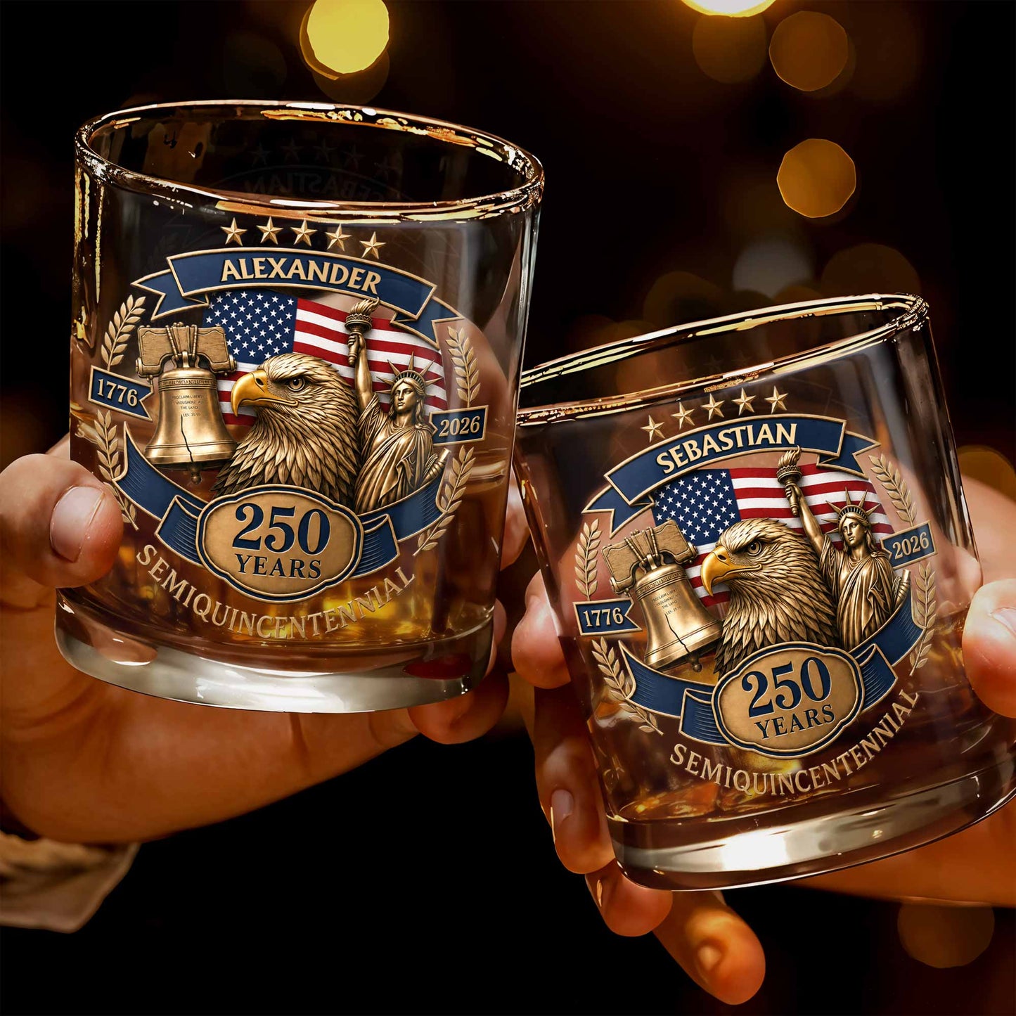 Semiquincentennial Celebrating American Independence With Bald Eagle And Statue Of Liberty - Personalized Custom Whiskey Glass - INDE460_RWG
