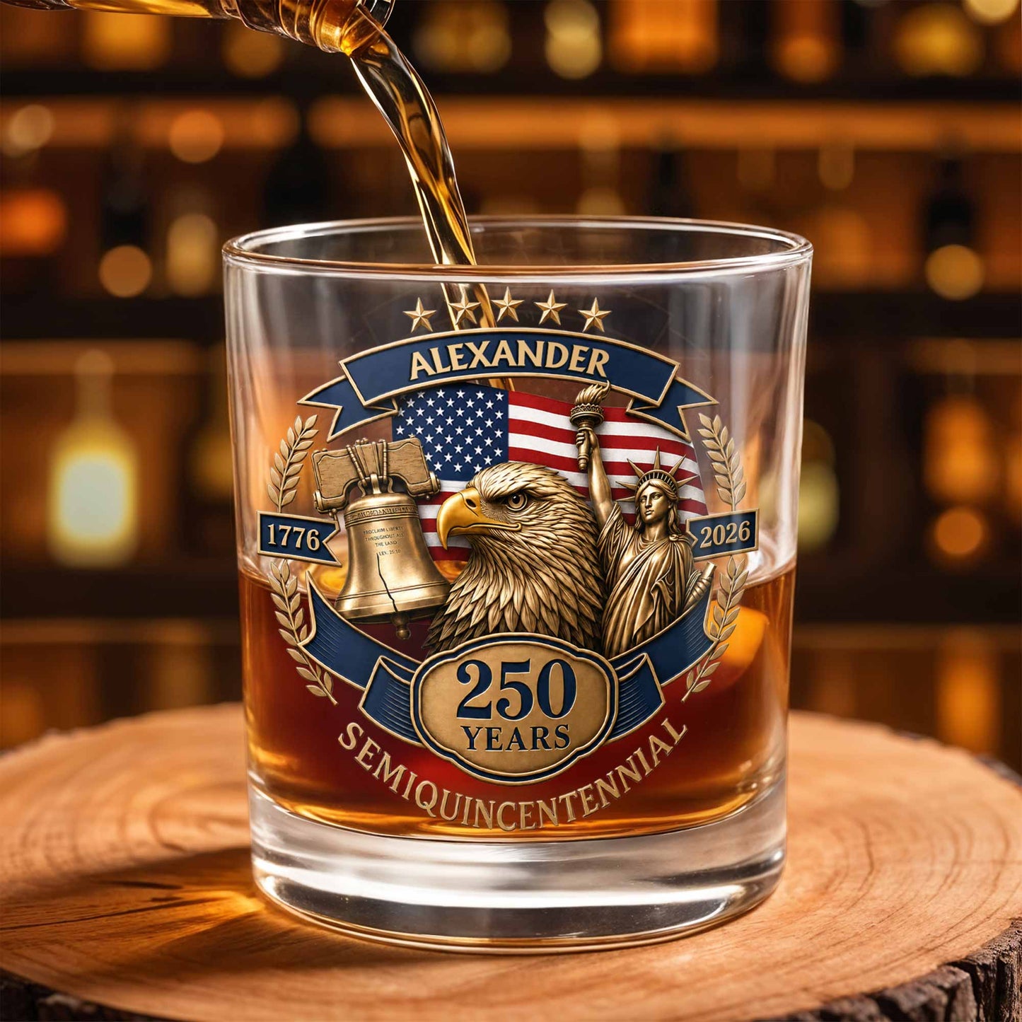 Semiquincentennial Celebrating American Independence With Bald Eagle And Statue Of Liberty - Personalized Custom Whiskey Glass - INDE460_RWG