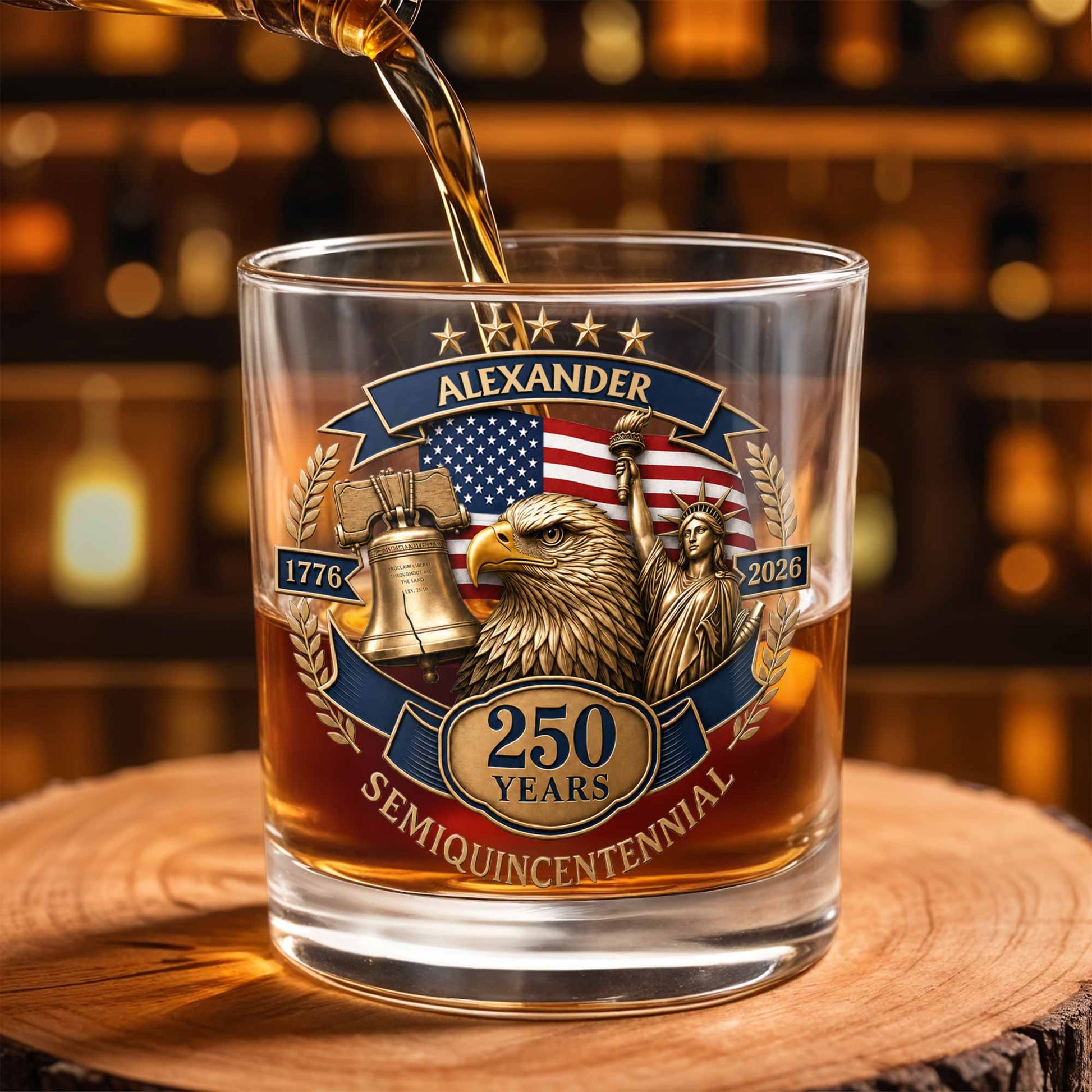 Semiquincentennial Celebrating American Independence With Bald Eagle And Statue Of Liberty - Personalized Custom Whiskey Glass - INDE460_RWG