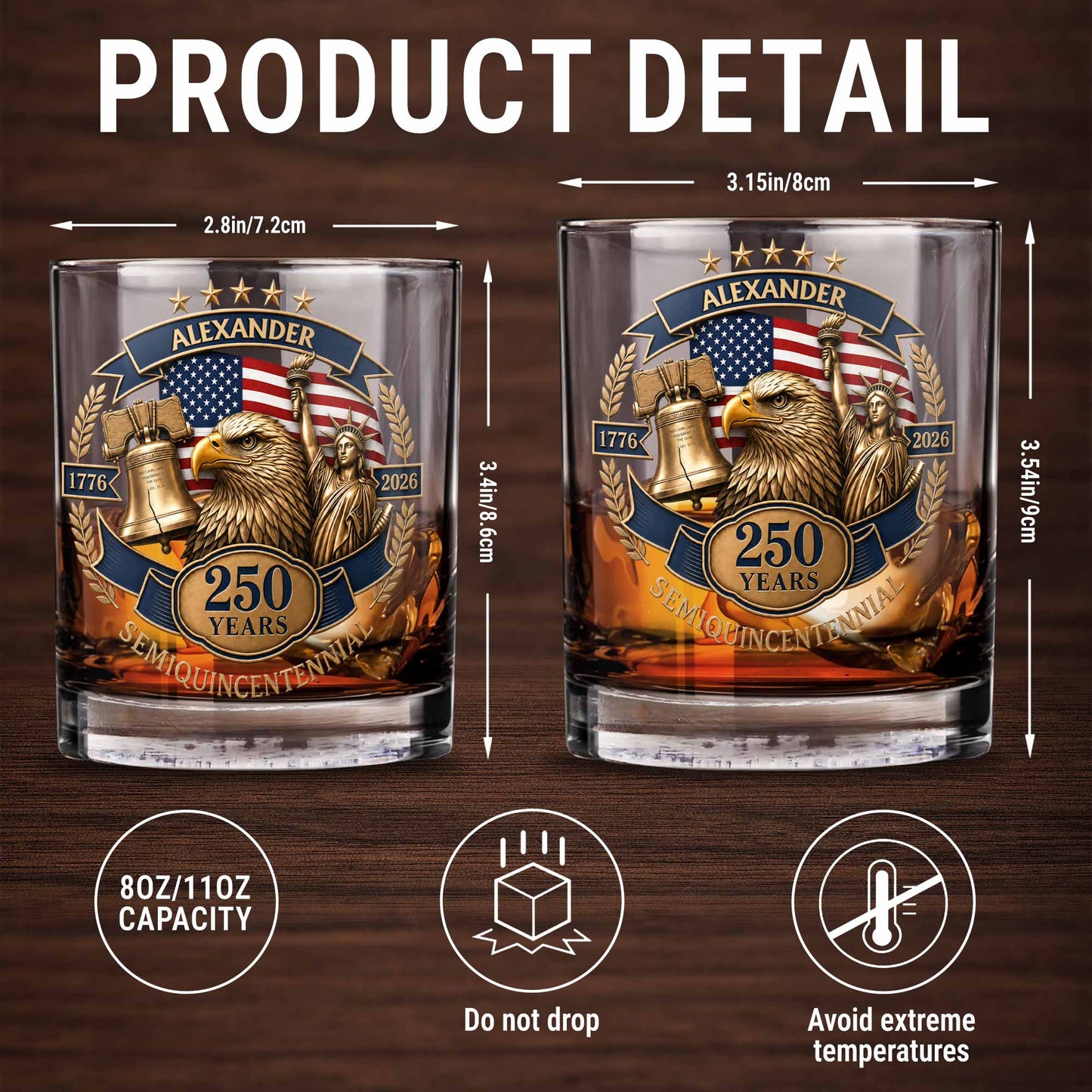 Semiquincentennial Celebrating American Independence With Bald Eagle And Statue Of Liberty - Personalized Custom Whiskey Glass - INDE460_RWG