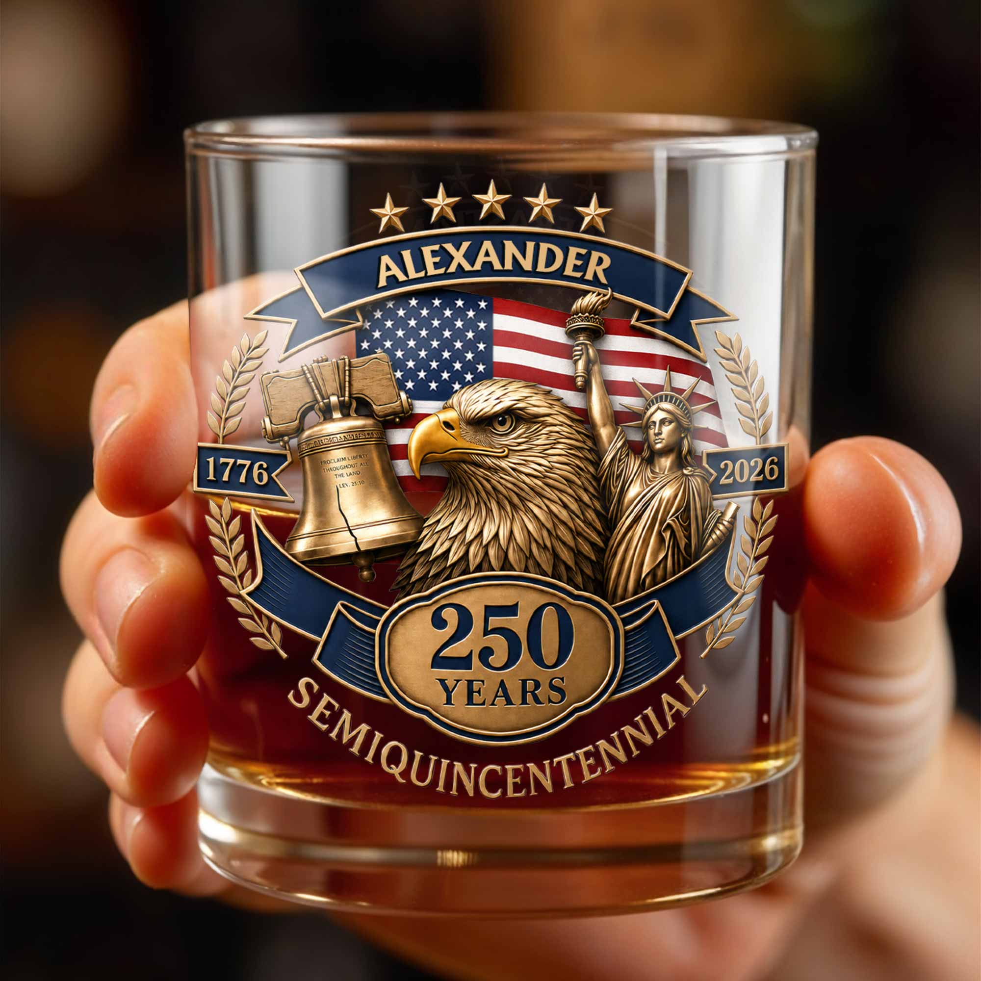 Semiquincentennial Celebrating American Independence With Bald Eagle And Statue Of Liberty - Personalized Custom Whiskey Glass - INDE460_RWG