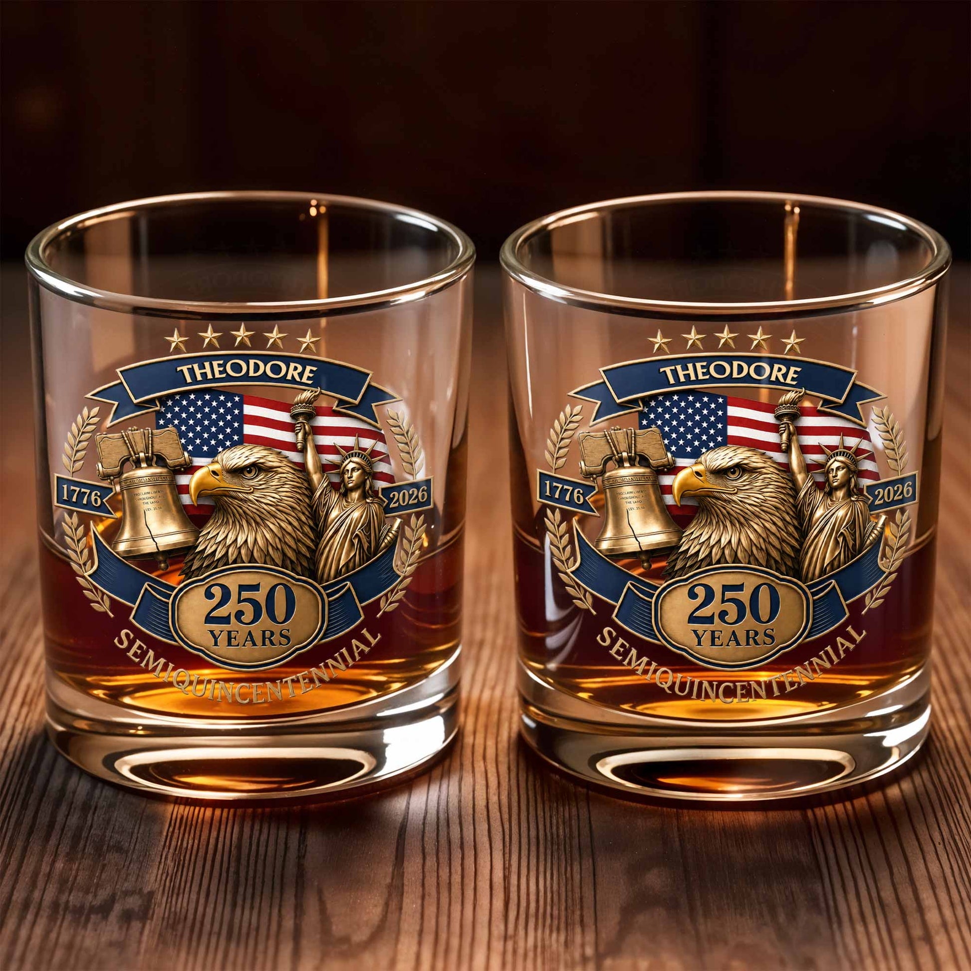 Semiquincentennial Celebrating American Independence With Bald Eagle And Statue Of Liberty - Personalized Custom Whiskey Glass - INDE460_RWG