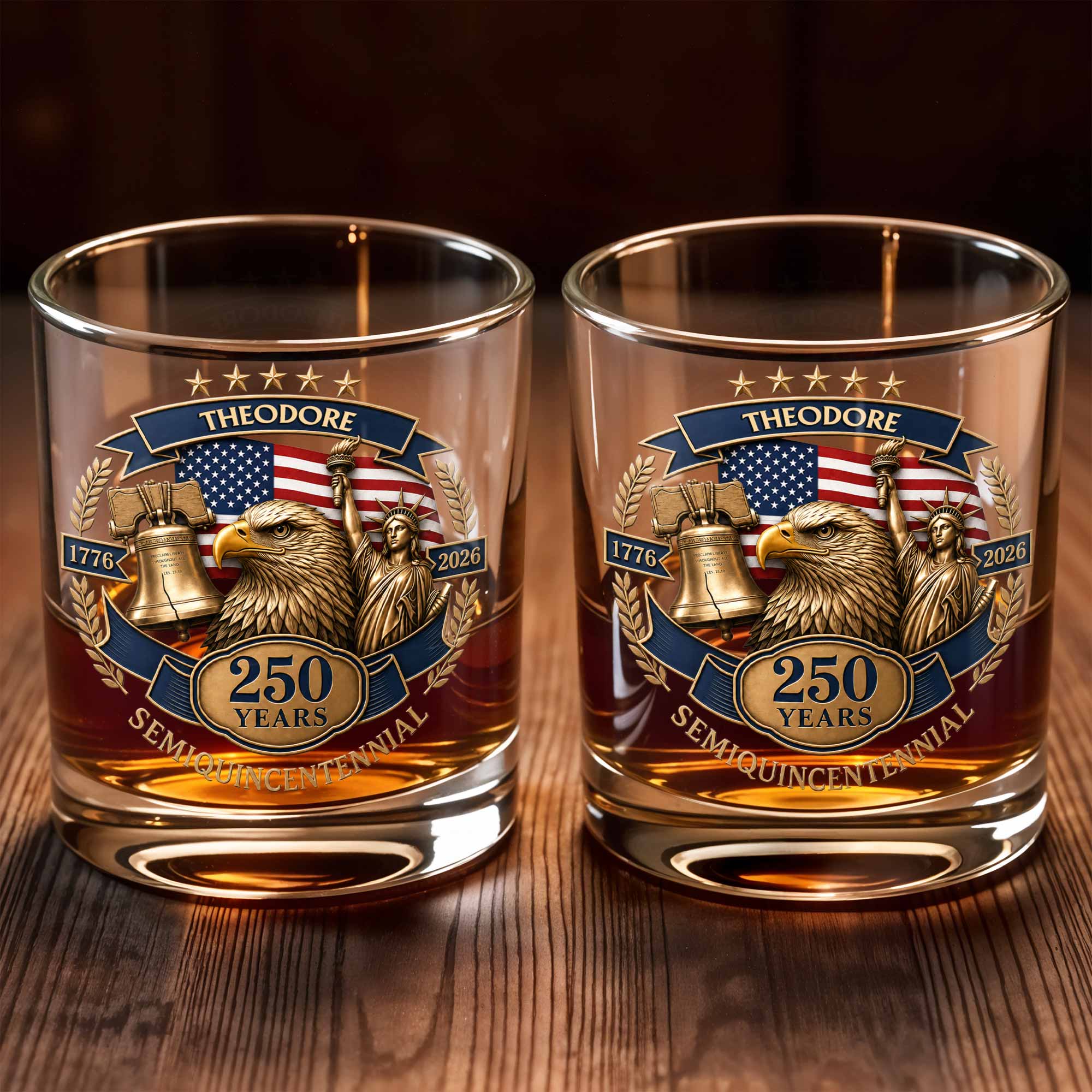 Semiquincentennial Celebrating American Independence With Bald Eagle And Statue Of Liberty - Personalized Custom Whiskey Glass - INDE460_RWG