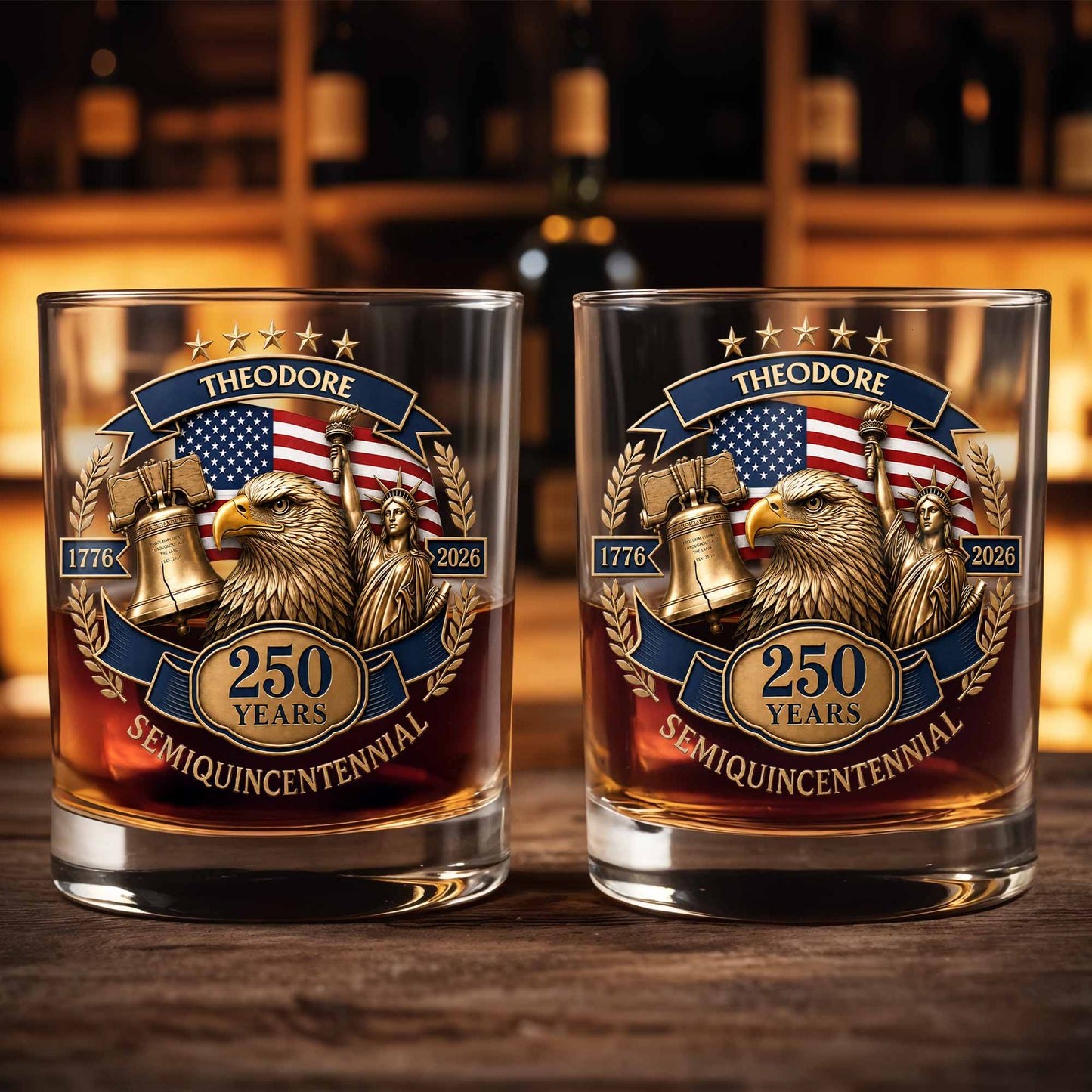 Semiquincentennial Celebrating American Independence With Bald Eagle And Statue Of Liberty - Personalized Custom Whiskey Glass - INDE460_RWG
