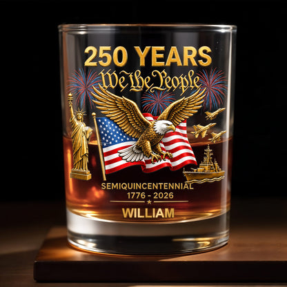 Semiquincentennial We The People Eagle And USA Flag With Fireworks - Personalized Custom Whiskey Glass - INDE461_RWG