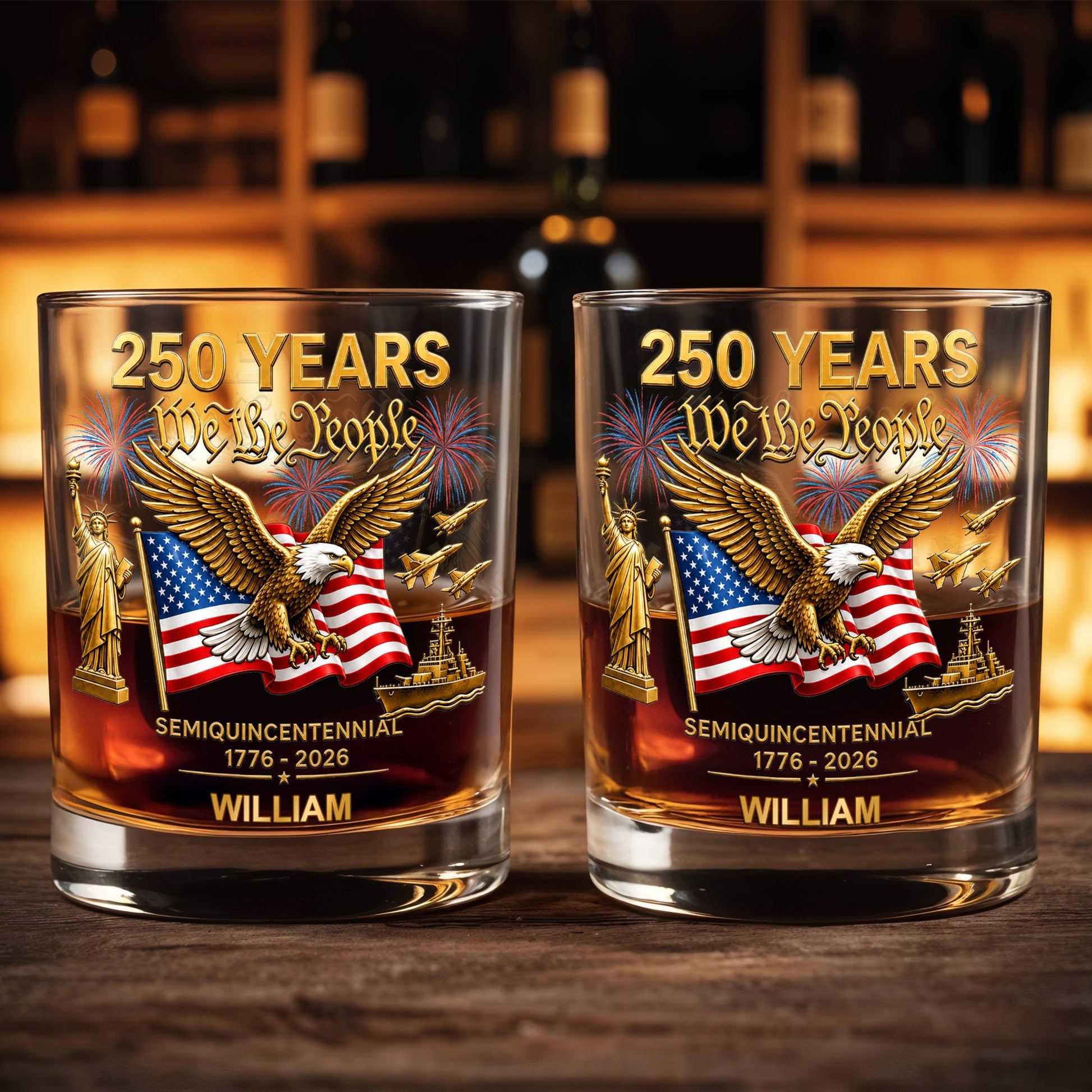 Semiquincentennial We The People Eagle And USA Flag With Fireworks - Personalized Custom Whiskey Glass - INDE461_RWG