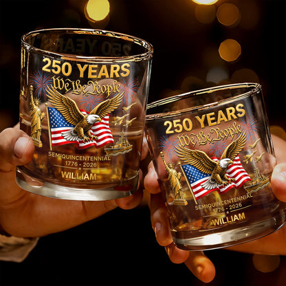 Semiquincentennial We The People Eagle And USA Flag With Fireworks - Personalized Custom Whiskey Glass - INDE461_RWG