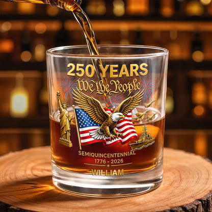 Semiquincentennial We The People Eagle And USA Flag With Fireworks - Personalized Custom Whiskey Glass - INDE461_RWG
