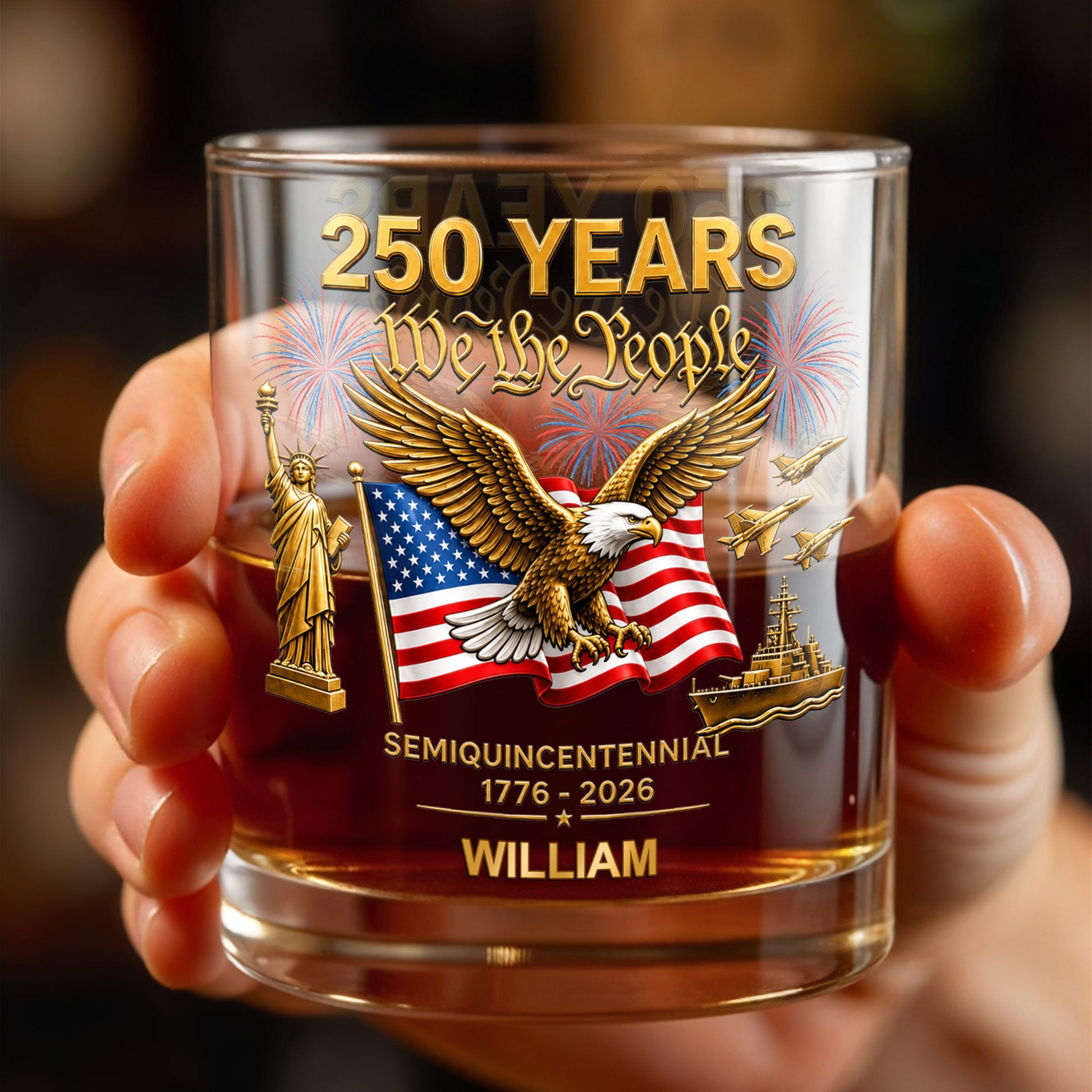 Semiquincentennial We The People Eagle And USA Flag With Fireworks - Personalized Custom Whiskey Glass - INDE461_RWG