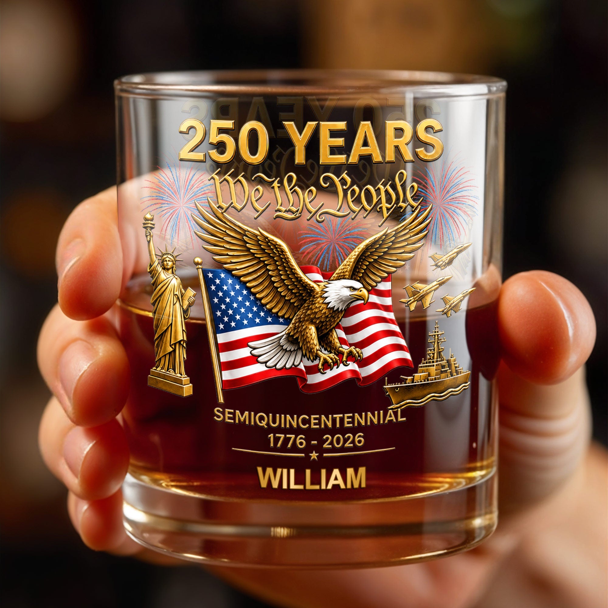 Semiquincentennial We The People Eagle And USA Flag With Fireworks - Personalized Custom Whiskey Glass - INDE461_RWG