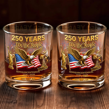 Semiquincentennial We The People Eagle And USA Flag With Fireworks - Personalized Custom Whiskey Glass - INDE461_RWG