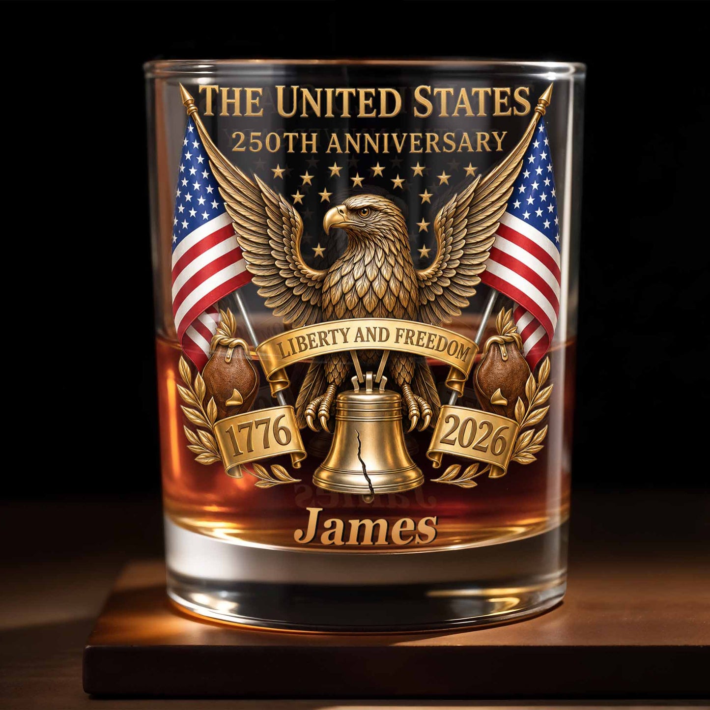 The States 250th Anniversary The Liberty States Patriotic Eagle and Liberty Bell - Personalized Custom Whiskey Glass - INDE462_RWG