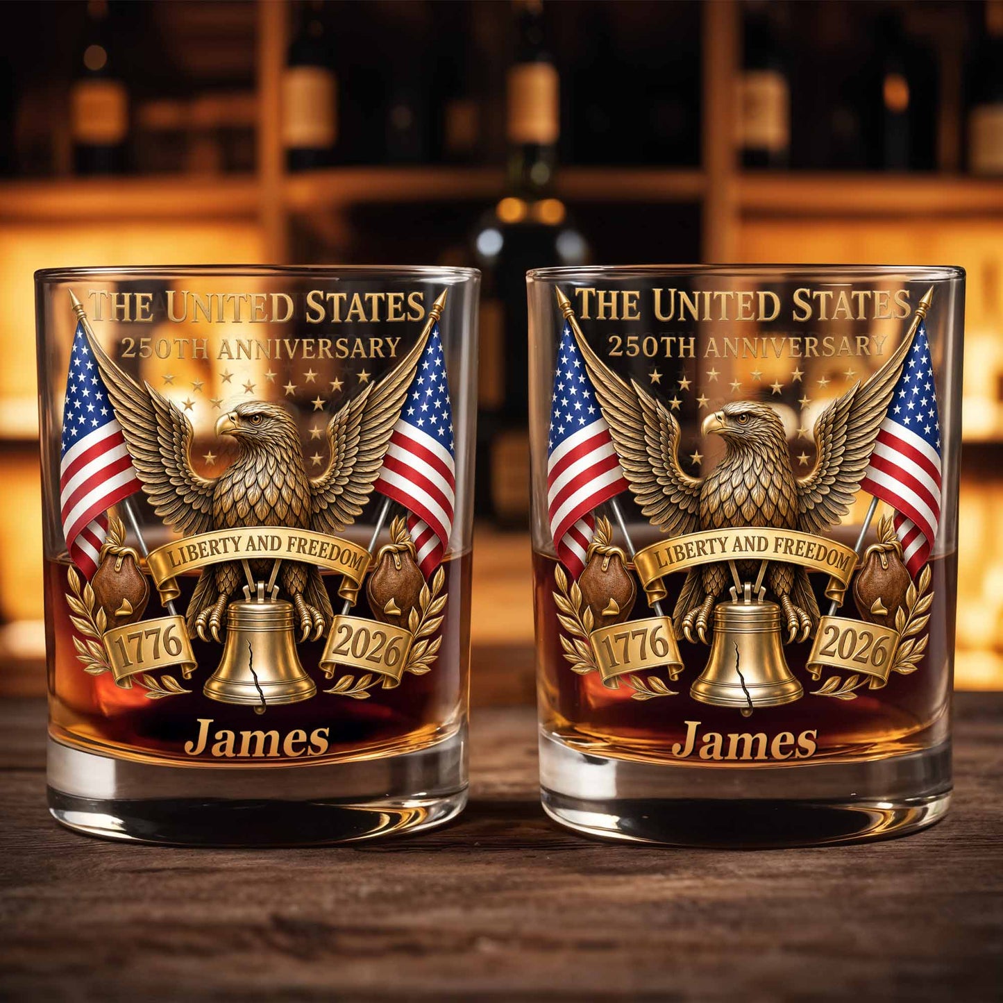 The States 250th Anniversary The Liberty States Patriotic Eagle and Liberty Bell - Personalized Custom Whiskey Glass - INDE462_RWG