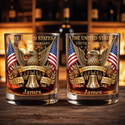The States 250th Anniversary The Liberty States Patriotic Eagle and Liberty Bell - Personalized Custom Whiskey Glass - INDE462_RWG