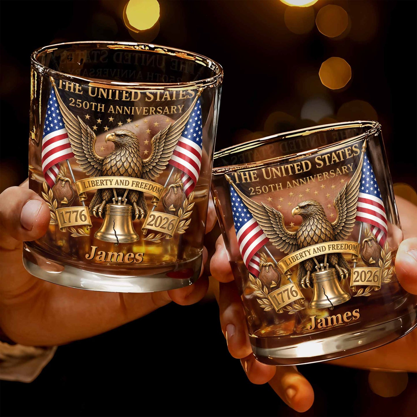 The States 250th Anniversary The Liberty States Patriotic Eagle and Liberty Bell - Personalized Custom Whiskey Glass - INDE462_RWG