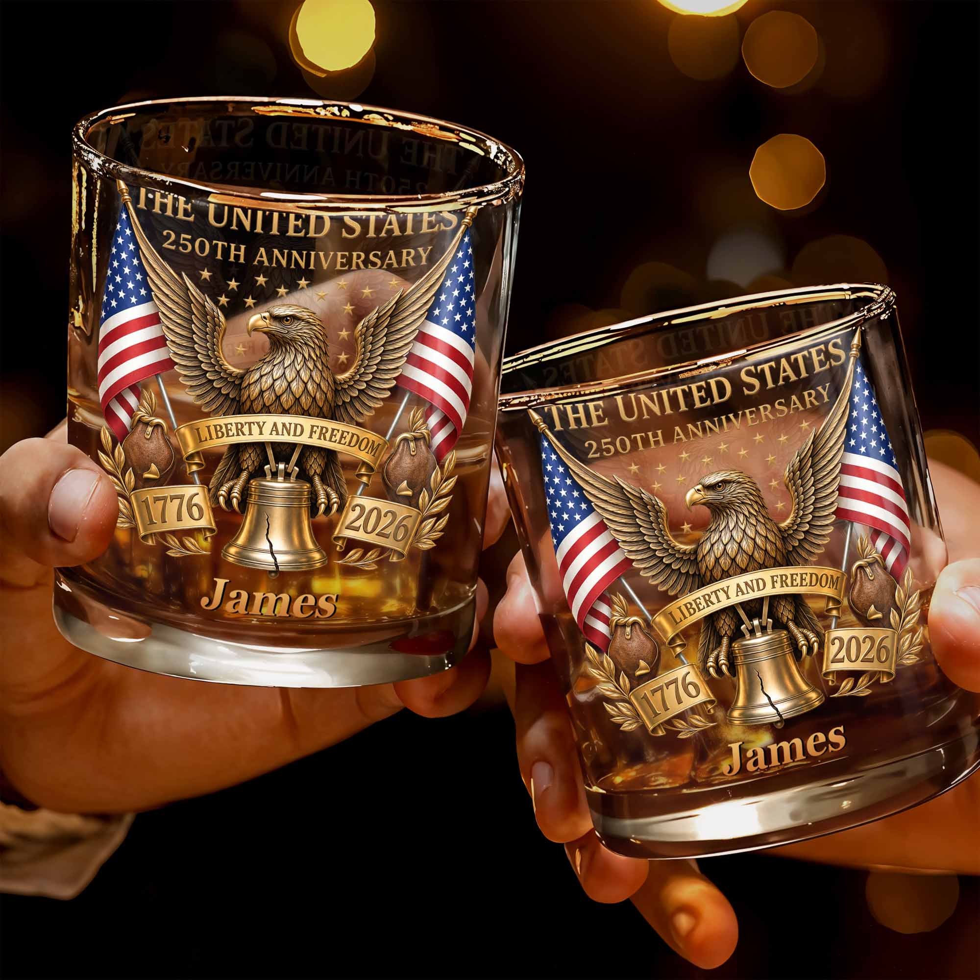 The States 250th Anniversary The Liberty States Patriotic Eagle and Liberty Bell - Personalized Custom Whiskey Glass - INDE462_RWG